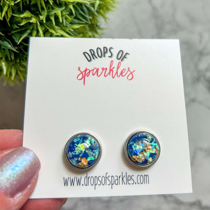 dark blue, gold, opal resin stud earrings
