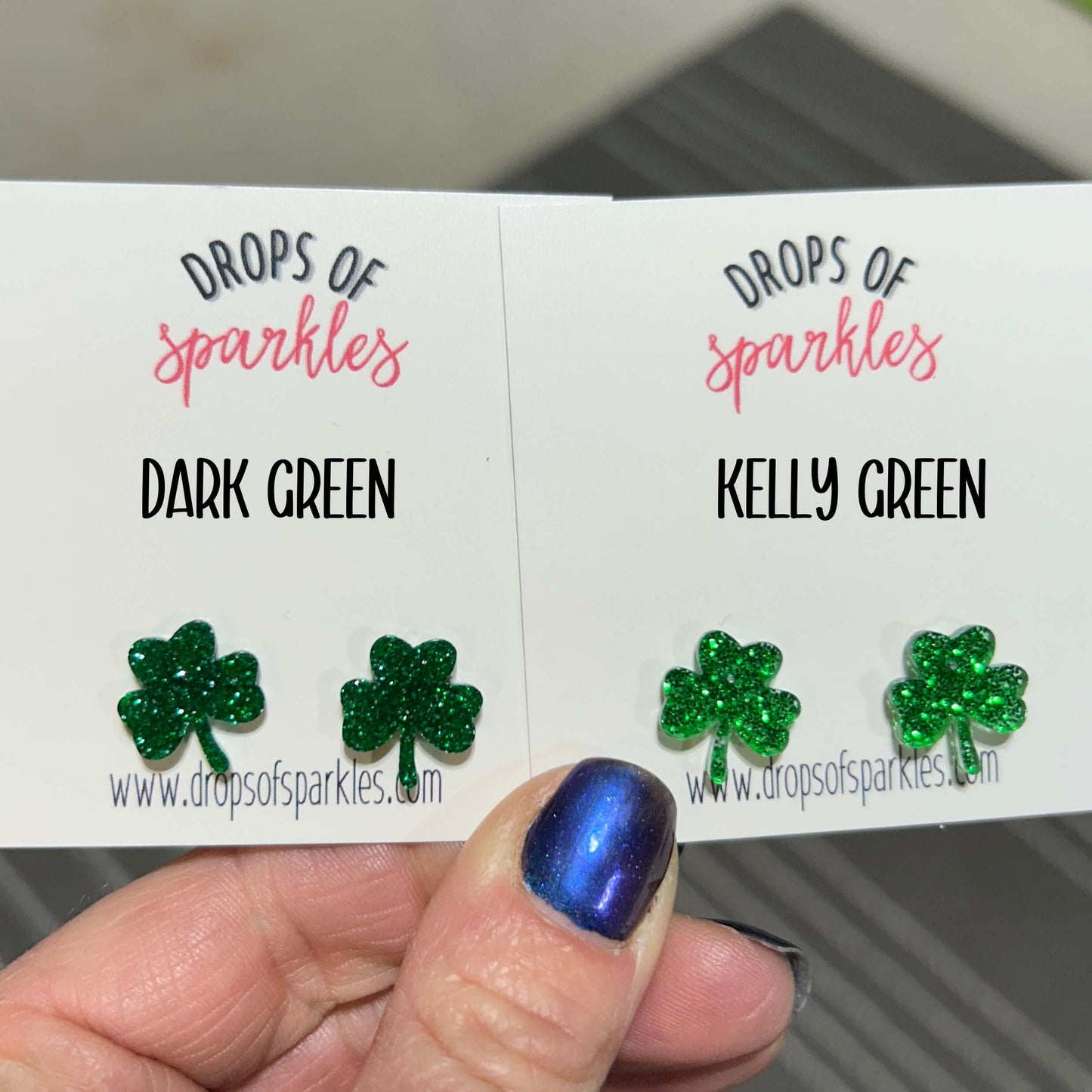 dark green and kelly green sparkle shamrock stud earrings