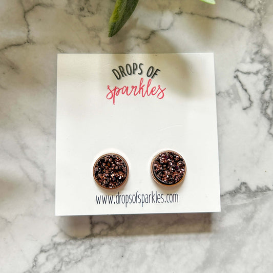 Druzy stone stud earrings - brownie with rose gold