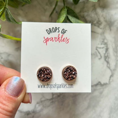 Druzy stone stud earrings - brownie with rose gold