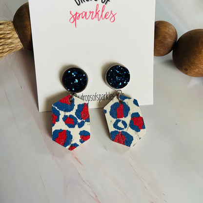 Red, white and blue genuine leather with druzy stud earring