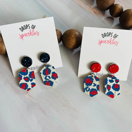 Red, white and blue genuine leather with druzy stud earring