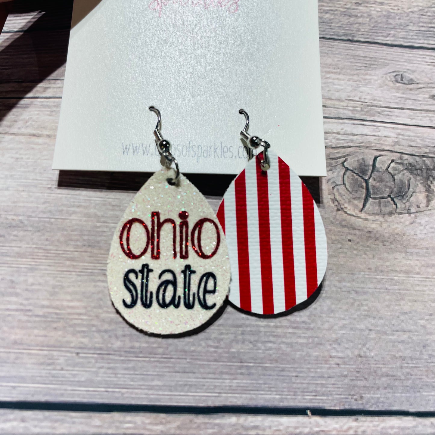 Ohio State striped faux leather dangle earrings