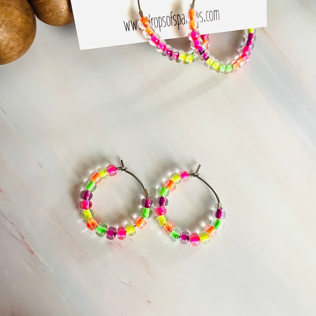 Small beaded stainless steel silver hoop earrings
