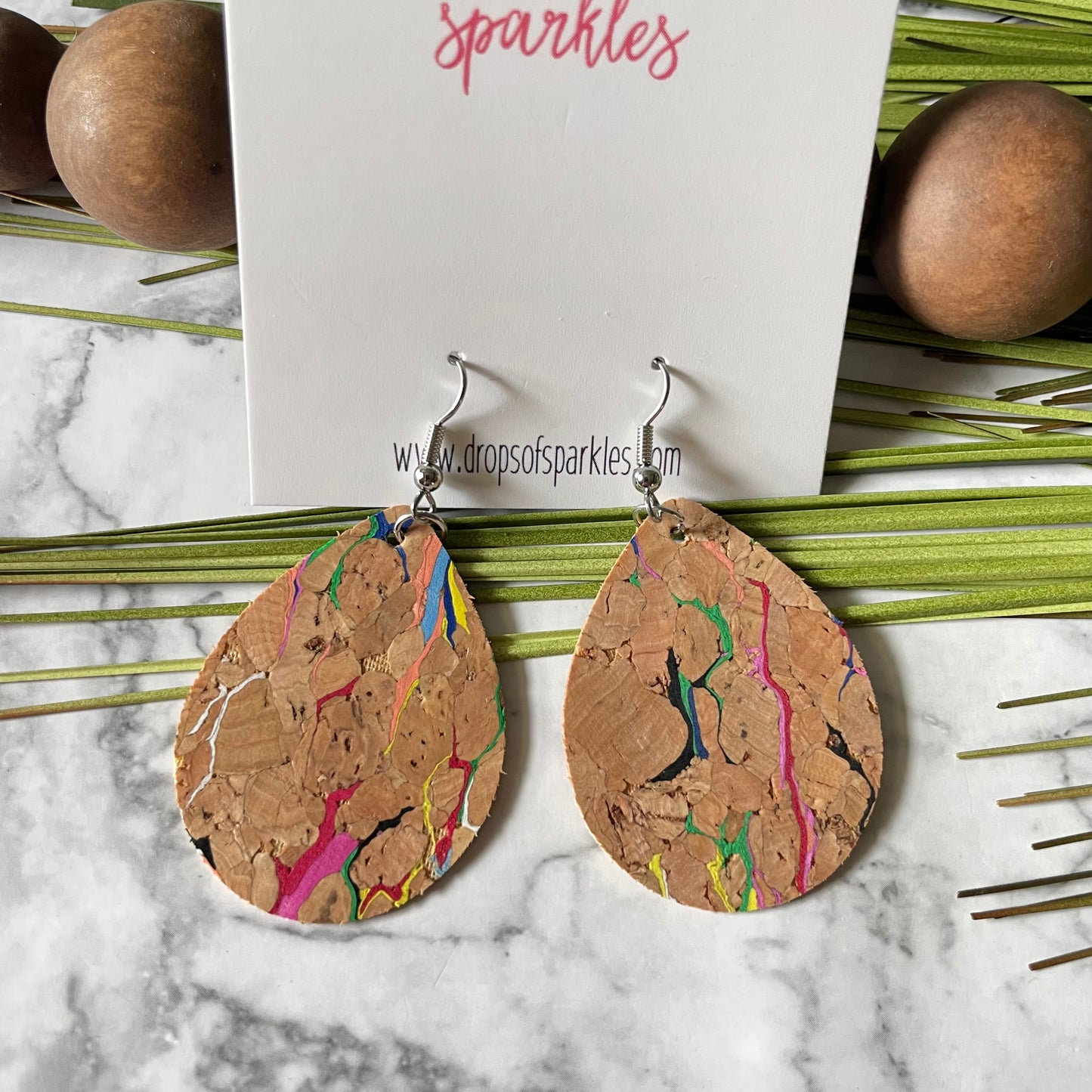 Rainbow cork teardrop dangle earrings
