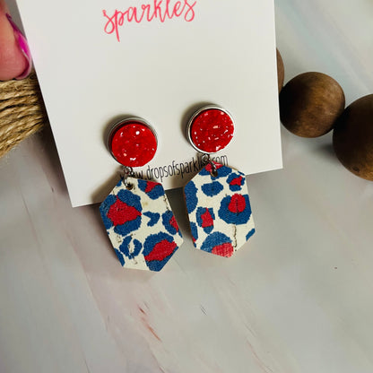 Red, white and blue genuine leather with druzy stud earring