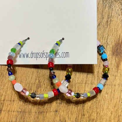 Large beaded stainless steel silver hoop earrings