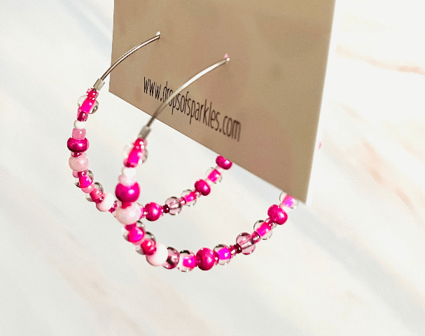Large beaded stainless steel silver hoop earrings