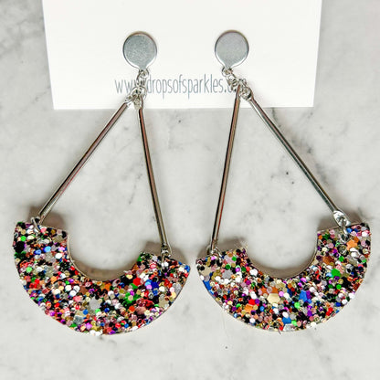 Silver colorful glitter half moon dangle earrings