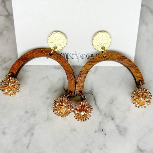 Wood semi circle, gold sparkles and gold post wood earrings