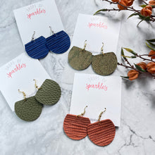 Load image into Gallery viewer, genuine leather half moon dangle leather earrings olive green royal blue pumpkin orange
