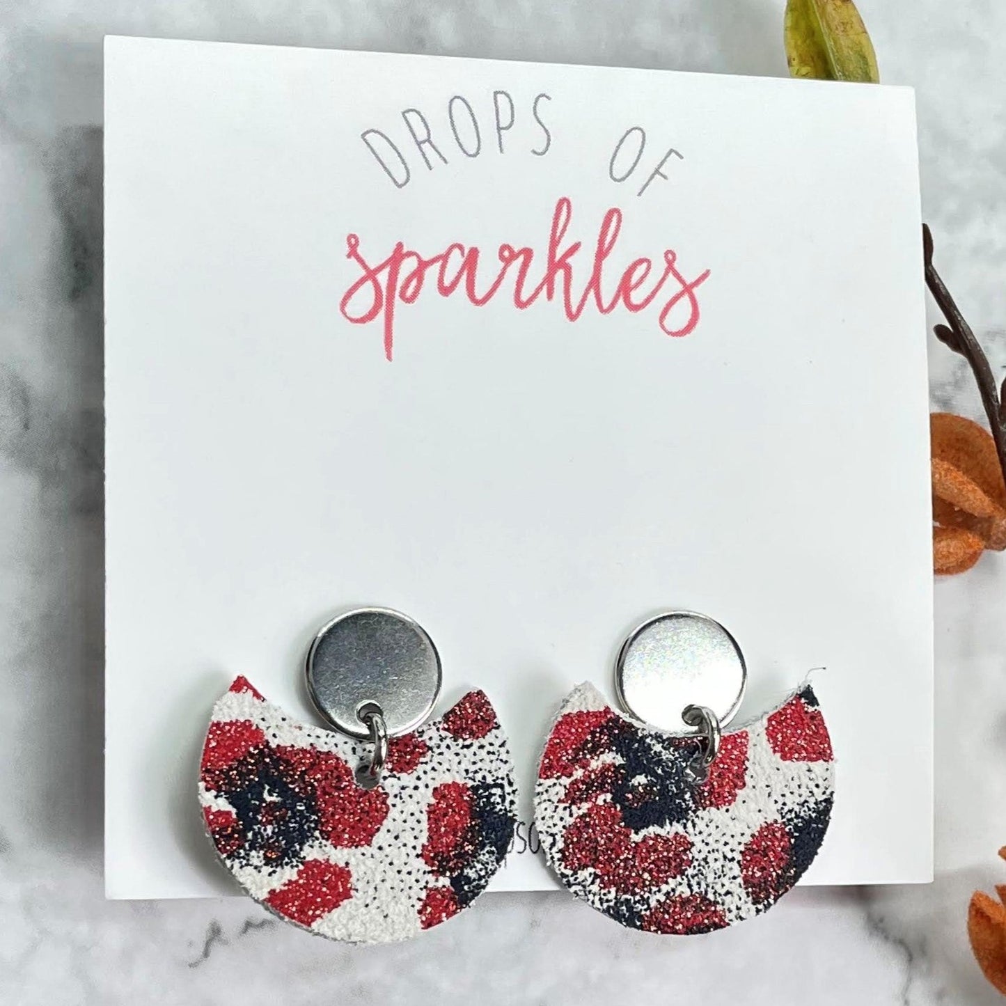 scarlet and gray sparkle genuine leather earrings