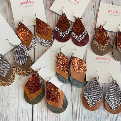 Three layer earrings made of sparkles, animal print, glitter.