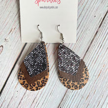 Load image into Gallery viewer, Three layer earrings made of gray glitter, brown middle layer and brown and tan bottom layer.

