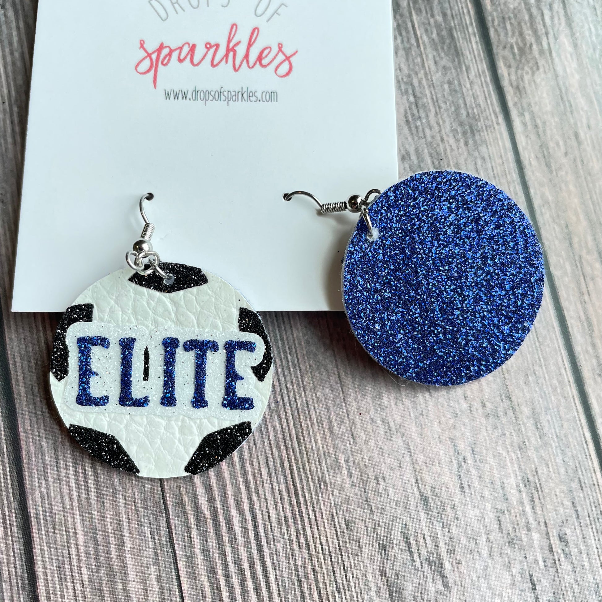 Elite FC soccer ball custom dangle earrings with blue shimmer backs