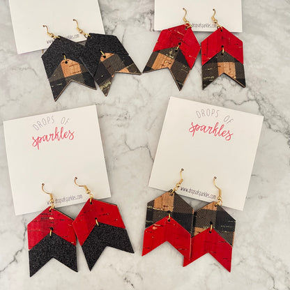 genuine leather and cork arrow red black plaid buffalo plaid dangle holiday christmas earrings