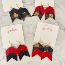 Load image into Gallery viewer, genuine leather and cork arrow red black plaid buffalo plaid dangle holiday christmas earrings
