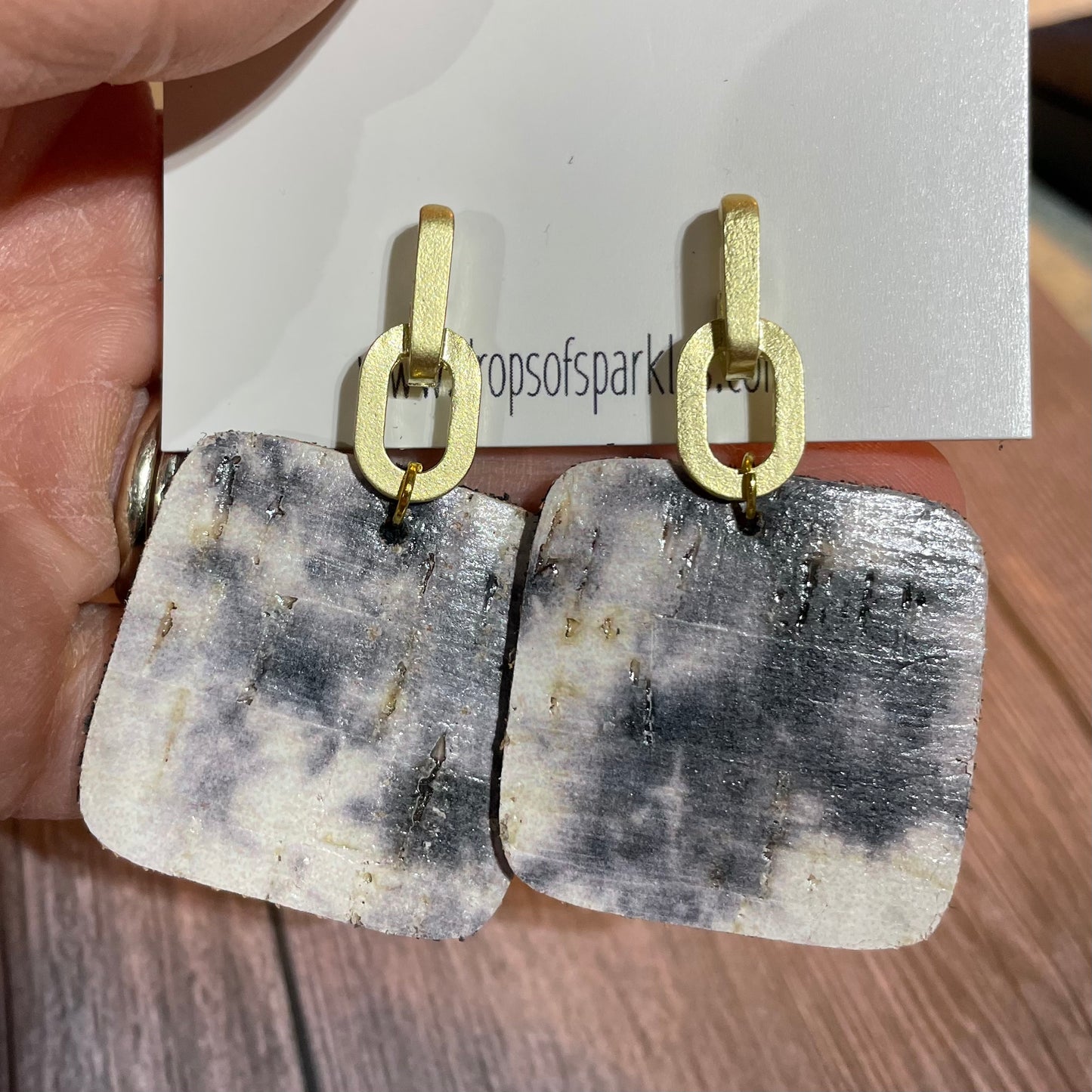 Tie Dye cork + gold cresent genuine leather earrings