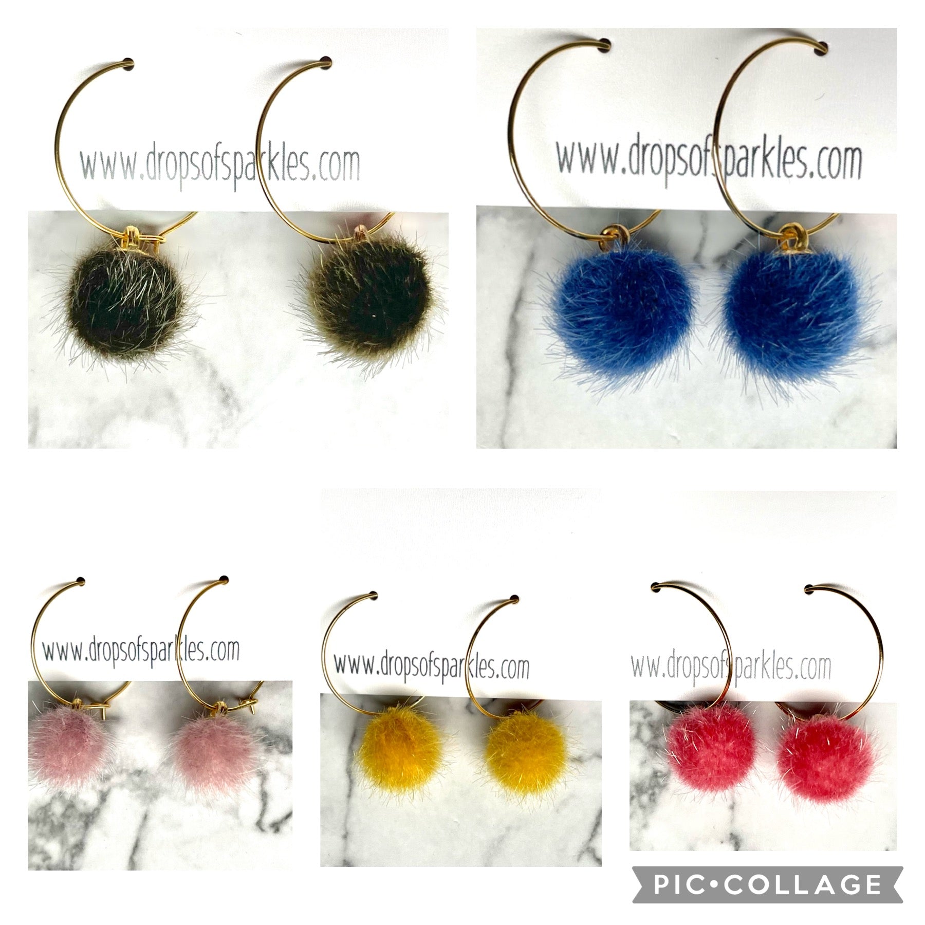 20mm round 24k shiny gold plated  "hoops" with fun little colorful fuzzy pom poms attached