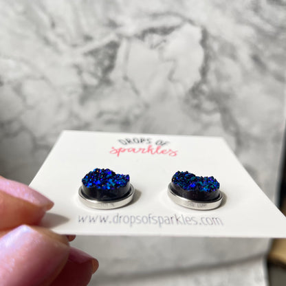 Blue rainbow druzy stone stud earrings