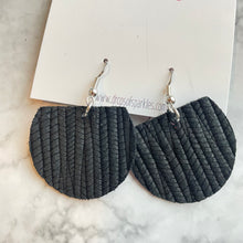 Load image into Gallery viewer, Black genuine leather and gold circle dangle earrings
