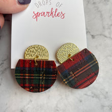 Load image into Gallery viewer, holiday plaid crescent semi circle leather earrings
