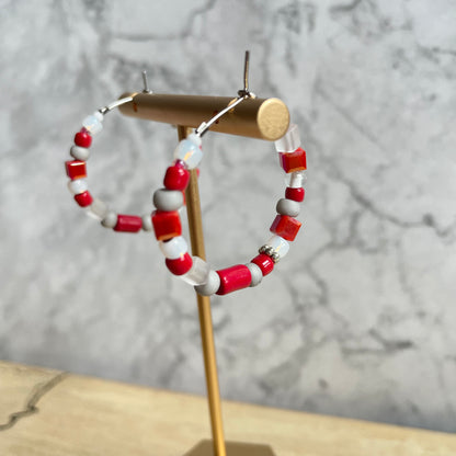 Scarlet and gray beaded stainless steel silver hoop earrings
