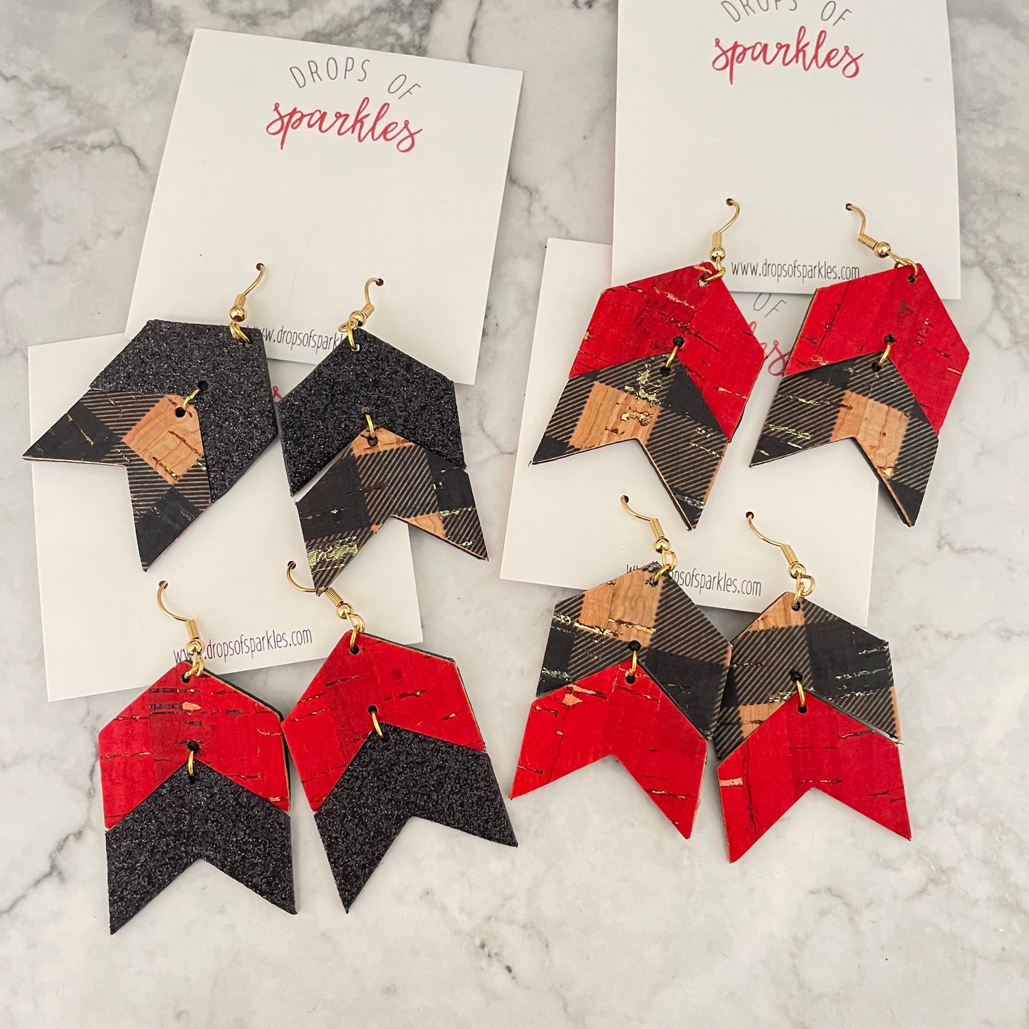 genuine leather and cork arrow red black plaid buffalo plaid dangle holiday christmas earrings