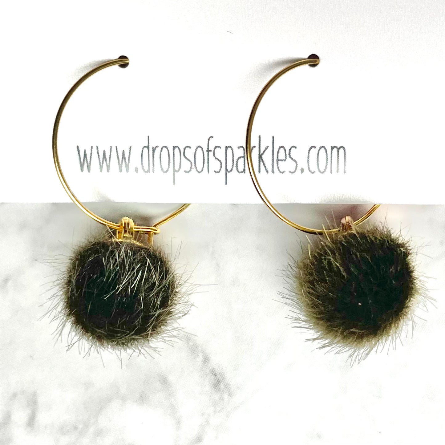 20mm round 24k shiny gold plated  "hoops" with fun little olive green fuzzy pom poms attached