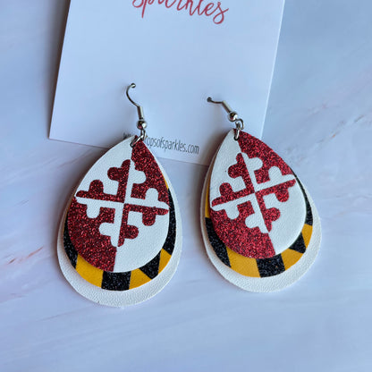 Triple layer, faux leather custom earrings with 3 color vinyl application