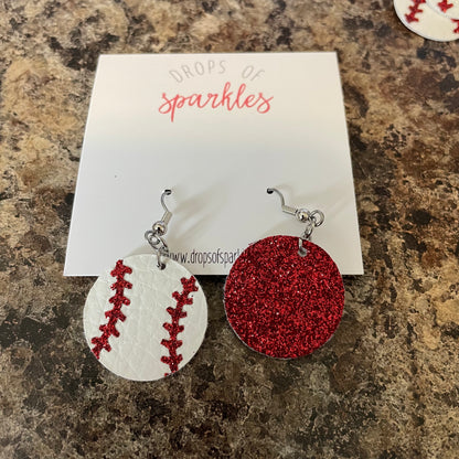 Faux leather baseball circle dangle earrings