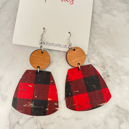 red and black plaid buffalo plaid genuine leather earrings christmas holiday leather earrings with wood and gold