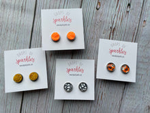 Load image into Gallery viewer, sparkly neon pumpkin orange druzy stud earrings
