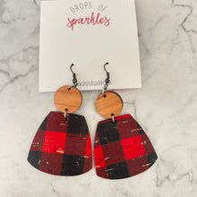Load image into Gallery viewer, red and black plaid buffalo plaid genuine leather earrings christmas holiday leather earrings with wood and gold
