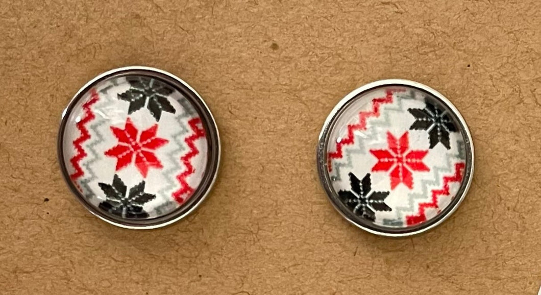 holiday argyle sweater print stud earring with red sparkle christmas druzy stone stud earring gift set