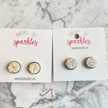 Load image into Gallery viewer, cream white druzy stud earrings and snow white druzy stud earrings 12mm.
