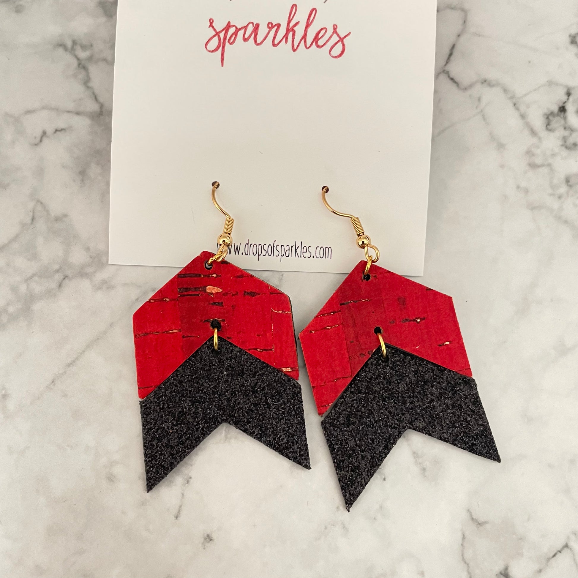 genuine leather and cork arrow red black plaid buffalo plaid dangle holiday christmas earrings