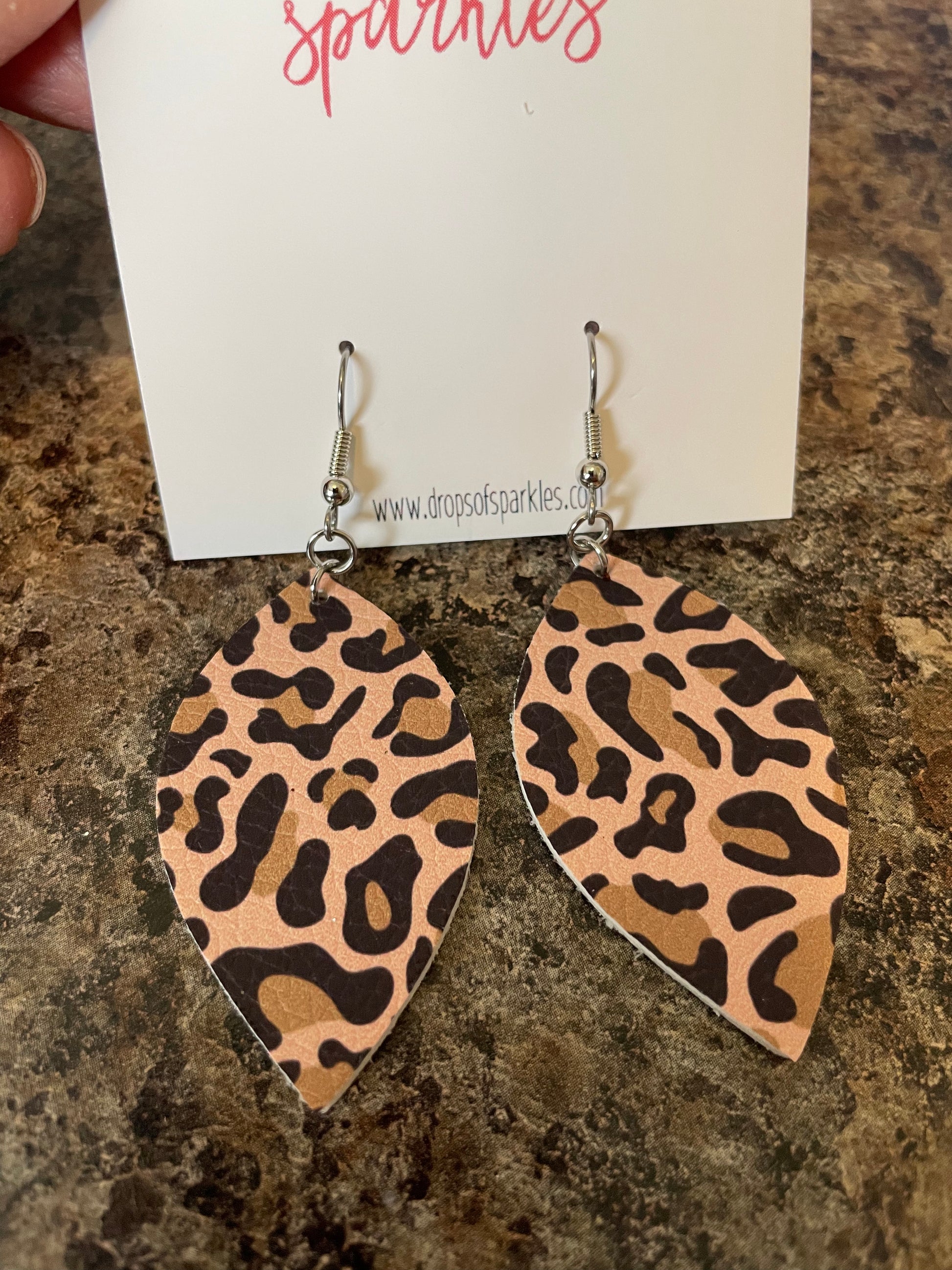 Thick tan and brown faux leather almond shaped dangle earrings