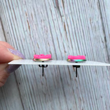 Load image into Gallery viewer, ultimate raspberry pink druzy stud earrings with rainbow silver settings

