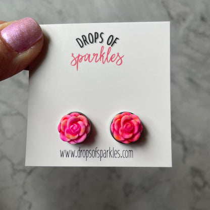 Hot pink 3D rose stud earrings