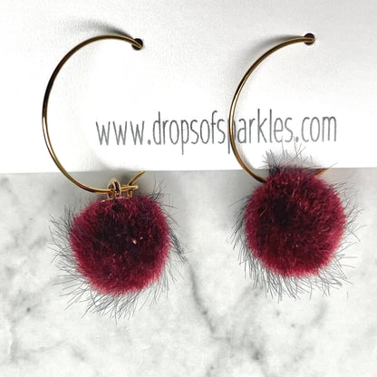 20mm round 24k shiny gold plated  "hoops" with fun little burgundy "wine" fuzzy pom poms attached