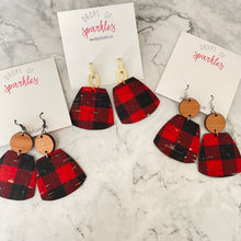 Load image into Gallery viewer, red and black plaid buffalo plaid genuine leather earrings christmas holiday leather earrings with wood and gold
