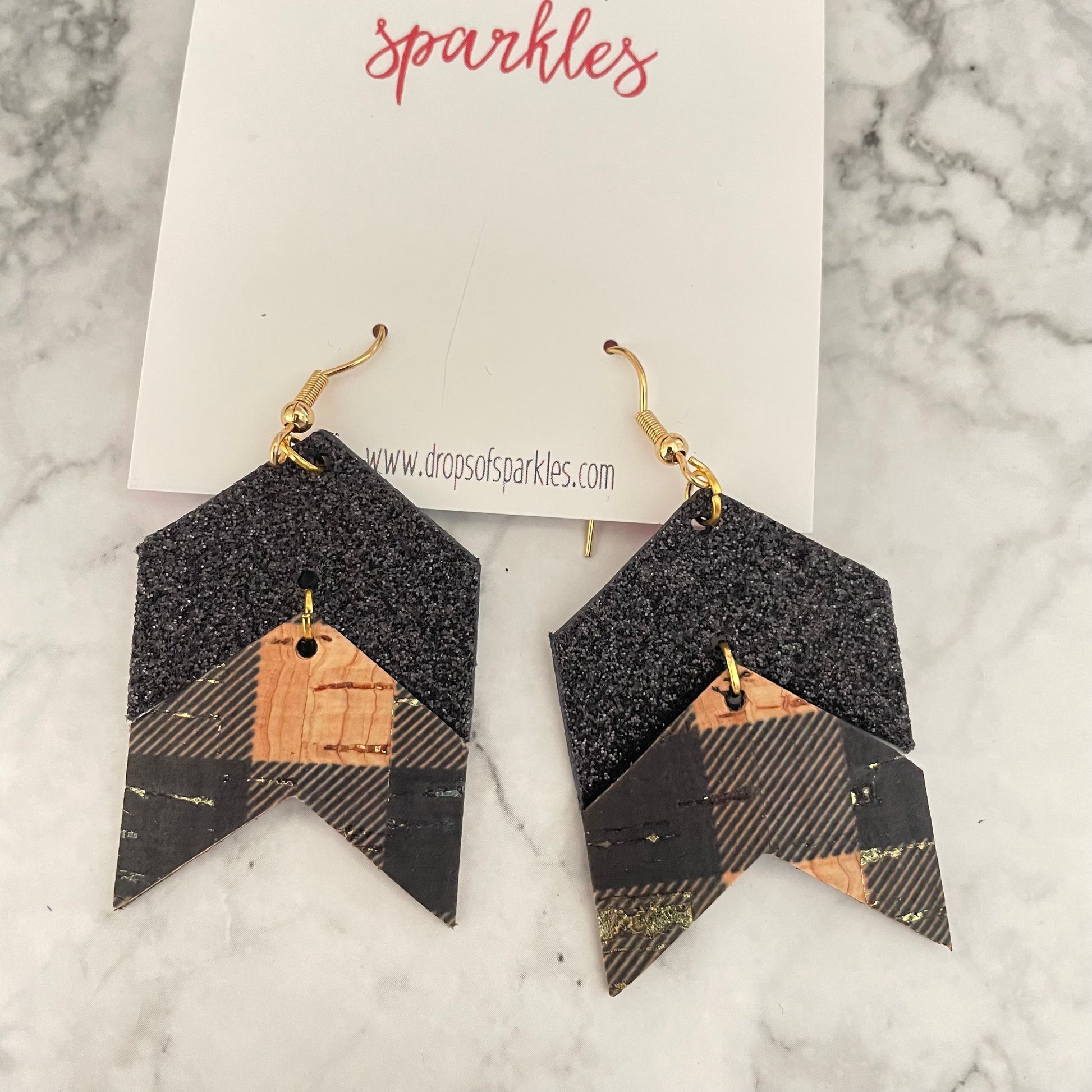 genuine leather and cork arrow red black plaid buffalo plaid dangle holiday christmas earrings