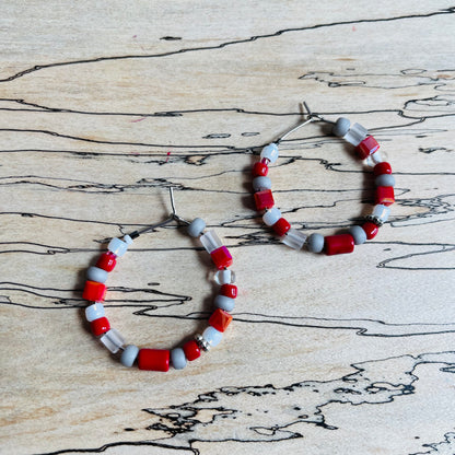 Scarlet and gray beaded stainless steel silver hoop earrings