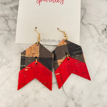 Load image into Gallery viewer, genuine leather and cork arrow red black plaid buffalo plaid dangle holiday christmas earrings
