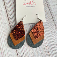 Load image into Gallery viewer, Three layer faux leather earrings made of brown sparkles, tan faux leather and gray teardrop bottom layer.
