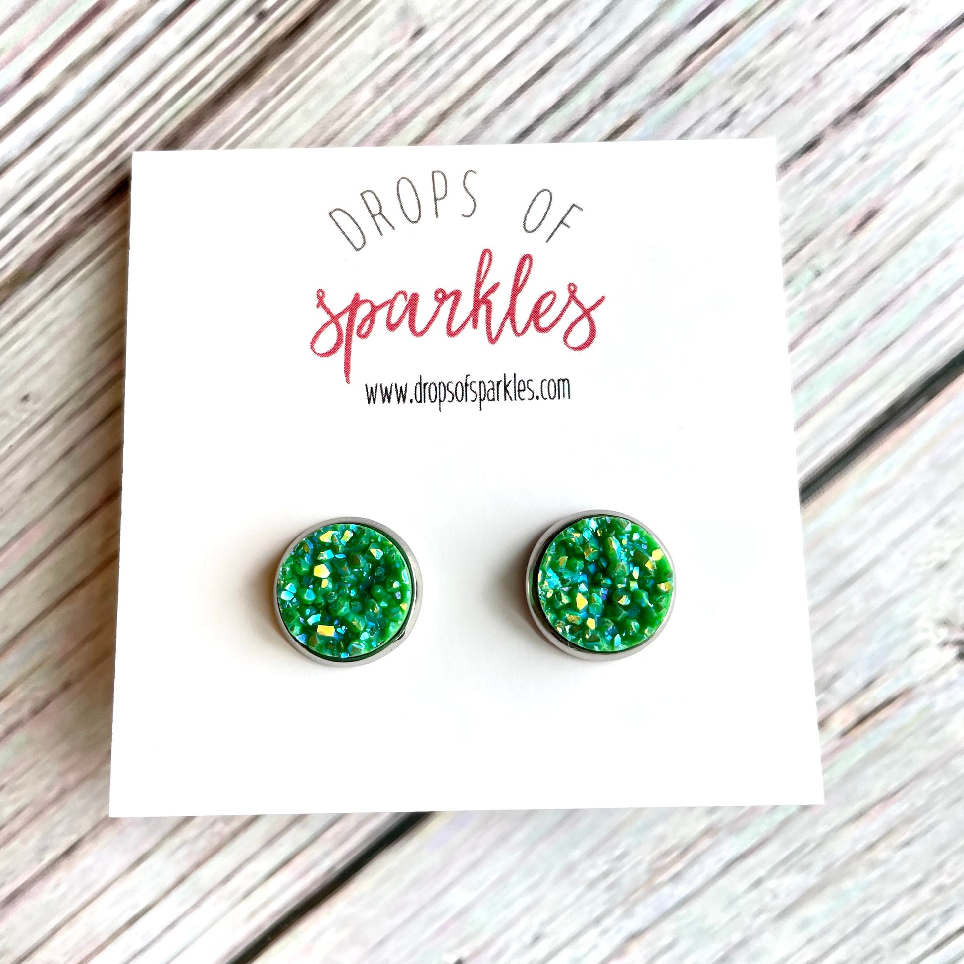 Green druzy earrings, Round glitter resin stud earrings, Geode drusy  earrings