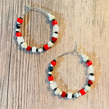 Scarlet and gray beaded stainless steel silver hoop earrings