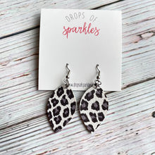 Load image into Gallery viewer, Thick white, gray and black faux leather almond shaped dangle earrings.
