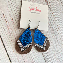Load image into Gallery viewer, Three layer earrings made of cobalt blue sparkles, animal print, glitter.
